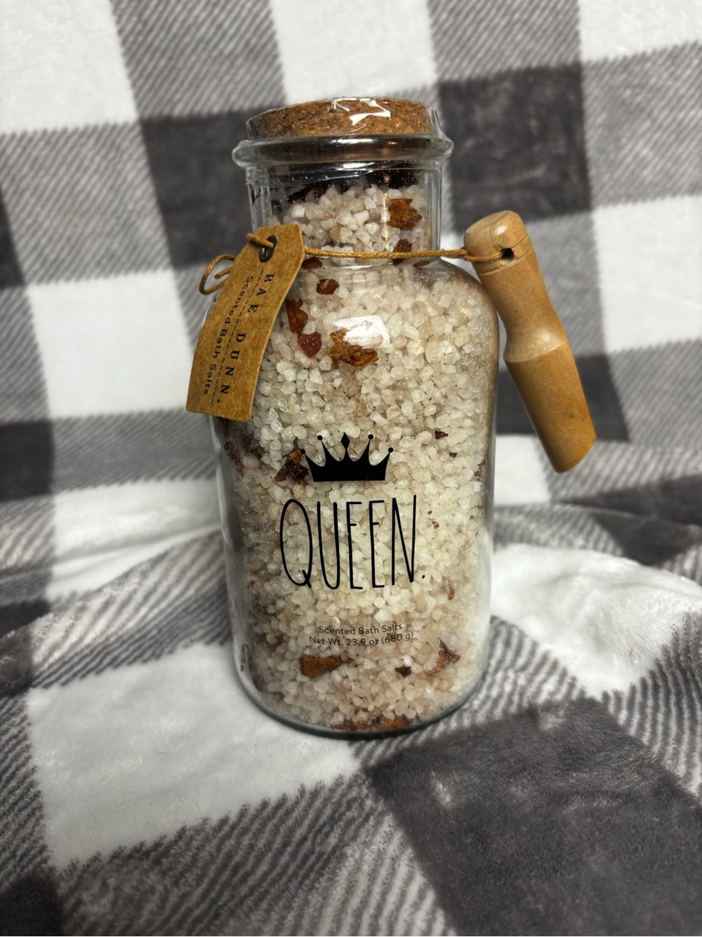 Rae Dunn Queen Bath Salts in White with Brown Accents